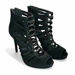 Michael Kors Clarissa Black Suede Platform Peep-Toe Zip Heel